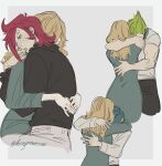  1girl 3boys black_pants black_shirt blonde_hair blue_dress blue_hair commentary curly_eyebrows dannymans66 dress english_commentary green_hair highres hug long_sleeves mother_and_son multiple_boys one_piece pants red_hair shirt simple_background twitter_username vinsmoke_ichiji vinsmoke_niji vinsmoke_sora vinsmoke_yonji white_shirt 