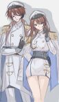  1boy 1girl absurdres black_gloves captain_(honkai_impact) chinese_commentary closed_mouth coat collared_cape commentary_request crossed_arms dress dual_persona genderswap genderswap_(mtf) gloves grey_background hair_between_eyes hat head_tilt headset highres honkai_(series) honkai_impact_3rd light_smile long_hair long_sleeves looking_at_viewer looking_to_the_side open_mouth pants red_eyes red_hair shade shadow short_hair skirt standing suit thighs white_coat white_dress white_pants white_suit youzhabingkuai57294 