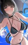  1girl :o bikini black_bikini black_choker black_hair blue_archive blush breasts bright_pupils cat_tail choker gyoku_seisyoku heart heart_tail highres kikyou_(blue_archive) kikyou_(swimsuit)_(blue_archive) looking_at_viewer medium_breasts multiple_tails navel official_alternate_costume outdoors solo stomach string_bikini sweat swimsuit tail white_pupils 