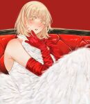  1girl alt_text alternate_costume bare_shoulders blonde_hair blush colored_eyelashes couch dress dungeon_meshi elbow_gloves falin_touden falin_touden_(tallman) feather_dress formal_clothes gloves hand_on_own_cheek hand_on_own_face hands_up highres lipstick looking_at_viewer makeup on_couch parted_lips red_background red_gloves red_lips sasakura34 short_hair simple_background sitting sleeveless sleeveless_dress solo white_dress yellow_eyes 