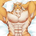 anthro barazoku blue_eyes breasts felid lin_hu lying male mammal nekojishi nutstoasted on_back one_eye_closed pantherine solo stripes studio_klondike tagme tiger wink