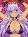  1girl armpits arms_up bare_shoulders bb_(fate) bb_(swimsuit_mooncancer)_(fate) bb_(swimsuit_mooncancer)_(second_ascension)_(fate) bead_bracelet beads bikini black_gloves blush bracelet breasts cleavage collarbone dark-skinned_female dark_skin fate/grand_order fate_(series) fingerless_gloves gloves grin hair_ornament hair_ribbon hairband highres horosuke jewelry large_breasts long_hair looking_at_viewer neck_ribbon purple_bikini purple_eyes purple_hair ribbon smile solo star_(symbol) star_hair_ornament sweat swimsuit tan very_long_hair 