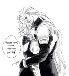  19nighty7 2boys alternate_costume apron braid cloud_strife crossdressing dress english_commentary english_text enmaided final_fantasy final_fantasy_vii frilled_apron frills greyscale highres holding hug long_hair long_sleeves looking_at_another maid male_focus male_maid monochrome multiple_boys sephiroth short_hair speech_bubble spiked_hair twin_braids white_background yaoi 