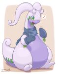  blush border brown_background colored_skin dated dragon english_commentary full_body gomuhimo_(nawataro) goodra green_eyes highres large_tail mittens musical_note notice_lines open_mouth outside_border pokemon pokemon_(creature) purple_skin scarf shadow signature simple_background sitting slime_(substance) solo speech_bubble spoken_musical_note tail thick_thighs thighs white_border 