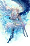  1boy 1girl air_bubble amao_miyuki armor azura_(fire_emblem) barefoot black_gloves blue_eyes blue_hair breasts bubble cape clothes_lift collar couple cousins dress dress_lift english_commentary fingerless_gloves fire_emblem fire_emblem_fates floating floating_hair gloves hair_between_eyes highres incest jewelry long_hair male_corrin_(fire_emblem) pendant pointy_ears red_eyes short_hair signature simple_background smile underwater veil very_long_hair water white_background white_dress white_hair yellow_eyes 