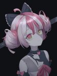  1girl absurdres ahoge black_background black_bow black_shirt blunt_bangs bow chest_sarashi closed_mouth colored_skin commentary diamond-shaped_pupils diamond_(shape) double_bun frilled_bow frills frown green_eyes grey_hair grey_skin hair_bow hair_bun heterochromia highres hololive hololive_indonesia kkamkkam kureiji_ollie mismatched_pupils multicolored_eyes multicolored_hair multicolored_skin object_through_head patchwork_skin red_eyes red_hair sarashi shirt short_hair solo stitched_face stitched_torso stitches sword_in_head symbol-shaped_pupils torn_clothes torn_shirt two-tone_hair two-tone_skin upper_body virtual_youtuber x-shaped_pupils yellow_eyes 