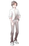  1boy arm_at_side blazer brown_eyes brown_hair cevio checkered_bracelet collared_shirt commentary_request converse dairi full_body grey_pants grey_shoes hand_on_own_hip highres jacket large_variant_set looking_at_viewer male_focus open_mouth pants shirt shoes short_hair sleeves_rolled_up sneakers solo standing sweatdrop tachi-e takahashi_amato transparent_background variant_set white_jacket white_shirt wide-eyed wing_collar 