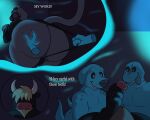 2025 2_horns anthro balls big_butt big_penis black_body black_clothing black_ears black_fur black_nose black_sclera black_thong black_underwear blonde_hair blue_body bodily_fluids bovid bovine brown_body brown_clothing brown_ears brown_fur brown_jacket brown_tail brown_topwear butt canid canine canis cattle chest_tuft clothing clothing_pull colossalstars digital_media_(artwork) domestic_cat domestic_dog english_text exclamation_point felid feline felis fur genitals ghost group hair hair_over_eyes hand_on_butt hand_on_penis hi_res horn huge_butt inside jacket lizard looking_at_another looking_back male male/male mammal obese obese_anthro obese_male overweight overweight_anthro overweight_male penis pink_nose rear_view reptile scalie smile spirit sweat tail tan_horn teeth text thick_thighs thong thong_pull three-quarter_view tongue tongue_out topwear tuft underwear underwear_pull white_eyes yellow_tuft