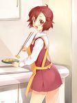  :d aoba_tsugumi apron bad_id bad_pixiv_id blush cooking highres kannagi kayou_(kayou-bi) legs looking_back open_mouth red_eyes red_hair short_hair smile solo 