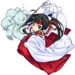  ahoge amatsuka_mizuki baby_princess black_hair blue_eyes cat fang gohei hakama headband heart japanese_clothes long_hair lowres miko mizuki_makoto multiple_tails oonusa ponytail red_hakama rope solo tail yin_yang 