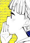  1girl arm_up asmr blush braid close-up from_side half-closed_eyes hasu_no_sora_school_uniform kachimachi_kosuzu link!_like!_love_live! long_hair love_live! partially_colored purple_eyes school_uniform solo whispering yellow_background yukiri_takashi 