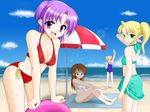  barefoot beach bikini blonde_hair blue_eyes breasts brown_eyes brown_hair cleavage day green_eyes long_hair medium_breasts multiple_girls one-piece_swimsuit original pointy_ears ponytail purple_eyes purple_hair regdic short_hair skull smile swimsuit 