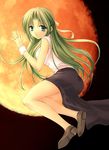  blue_eyes green_hair half_updo higurashi_no_naku_koro_ni houjou_yutori long_hair lowres moon non-web_source skirt solo sonozaki_shion wristband 