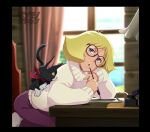  1girl black_cat blonde_hair blue_eyes cat chair curtains desk glasses gundam kotobuki_tsukasa mobile_suit_gundam open_mouth round_eyewear sayla_mass short_hair sweater window 