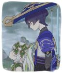  1boy 1girl anemo_symbol_(genshin_impact) arm_at_side armor behind_another belt black_belt black_bodysuit black_bridal_gauntlets black_shorts blue_gemstone blue_hat blunt_ends bodysuit border bridal_gauntlets bright_pupils cape closed_mouth cloud cloudy_sky cross-shaped_pupils dress expressionless eyeliner eyeshadow feathers from_side gem genshin_impact glowing_gem gold green_eyes green_hair hat head_down height_difference hip_vent improvised_umbrella japanese_armor jingasa kote kurokote long_hair looking_at_another looking_down looking_up makeup mountainous_horizon multicolored_hair nahida_(genshin_impact) open_mouth outdoors overcast pointy_ears pom_pom_(clothes) profile purple_cape purple_eyes purple_hair purple_rope purple_sash rain red_eyeliner red_eyeshadow rope sash scaramouche_(genshin_impact) shorts side_ponytail sidelocks sideways_mouth sky sleeveless sleeveless_dress streaked_hair symbol-shaped_pupils vision_(genshin_impact) wanderer_(genshin_impact) watermark wet white_border white_dress white_hair white_pupils white_trim yellow_feathers yoneya_(ocome_otabe) 