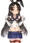  1girl black_hair black_panties blue_skirt breasts brown_eyes commentary_request cosplay cowboy_shot crop_top elbow_gloves gloves hairband high_ponytail highleg highleg_panties kantai_collection long_hair midriff miniskirt navel nisshin_(kancolle) panties photoshop_(medium) pleated_skirt ponytail sailor_collar shimakaze_(kancolle) shimakaze_(kancolle)_(cosplay) short_eyebrows simple_background skirt small_breasts solo striped_clothes striped_thighhighs thick_eyebrows thighhighs thong toka_(marchlizard) underwear very_long_hair white_background white_gloves zettai_ryouiki 