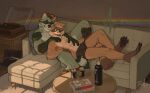 4_toes 5_fingers anthro beverage_can book bottle bulge clothed clothing coffee_table container cuddling digital_media_(artwork) duo ear_piercing ear_ring eye_contact facial_markings feet fingers fur furniture gloves_(marking) green_body green_fur grey_body grey_fur hair happy head_markings hi_res highlights_(coloring) holding_partner inside leg_markings light lighting looking_at_another lotor_raccoon lying_on_partner male male/male mammal markings mask_(marking) music on_sofa open_mouth orange_highlights pawpads paws piercing pillow pink_floyd procyonid raccoon rainbow_theme reclining reclining_against_partner record_player ring_piercing romantic romantic_couple russell_allen signature smile socks_(marking) sofa striped_markings striped_tail stripes tail tail_markings tan_body tan_fur teeth the_dark_side_of_the_moon_(album) toes underwear underwear_only whisker_spots zymen