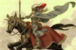  animal armor bad_id bad_pixiv_id barding boots breastplate cape cloud esukee gauntlets helmet horns horse horseback_riding knight original riding silver_hair solo sword weapon 