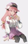 0404m 1girl animal_ears bell black_horns collared_shirt commentary_request cropped_legs dango food hair_bell hair_ornament hand_up hat highres hina_(rune_factory) holding holding_food horns invisible_chair long_hair long_sleeves looking_at_viewer peaked_cap pink_hair pleated_skirt pouch puffy_long_sleeves puffy_sleeves purple_eyes purple_hat purple_skirt rune_factory rune_factory:_guardians_of_azuma sanshoku_dango shirt simple_background sitting skirt smile solo thigh_pouch tongue tongue_out wagashi white_shirt 