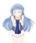  bangs blue_hair blunt_bangs blush clenched_hands closed_eyes grimace hair_ornament hair_tubes hairband kannagi long_hair miniskirt nagi pleated_skirt skirt solo tank_top usakou white_skirt 