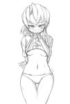  1girl alternate_costume asymmetrical_hair breasts clothes_lift clothes_writing commentary_request cowboy_shot flipped_hair highres kantai_collection lineart looking_at_viewer monochrome mouth_hold navel nowaki_(kancolle) open_mouth panties shirt shirt_lift small_breasts solo t-shirt tatahai thigh_gap underwear 
