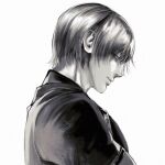  1boy black_shirt closed_mouth commentary english_commentary from_side henoopd leon_s._kennedy looking_down male_focus monochrome portrait profile resident_evil resident_evil_4 resident_evil_4_(remake) shirt short_hair simple_background sketch solo t-shirt white_background 