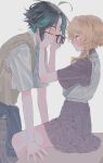  1boy 1girl 673_q adjusting_another&#039;s_eyewear ahoge arm_support black-framed_eyewear black_hair black_pants black_shirt black_skirt blonde_hair blue_jacket blue_necktie blush brown_sweater_vest closed_mouth clothes_around_waist collared_shirt curtained_hair face-to-face feet_out_of_frame fingernails from_side genshin_impact glasses green_hair grey_background hetero highres jacket jacket_around_waist leaning_forward lumine_(genshin_impact) miniskirt multicolored_hair necktie one_eye_closed pants pleated_skirt profile shirt short_hair short_hair_with_long_locks short_sleeves simple_background sitting skirt standing sweater_vest table twitter_username two-tone_hair white_shirt white_sweater_vest xiao_(genshin_impact) yellow_eyes 