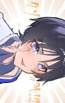  1boy akanbe black_bodysuit black_bridal_gauntlets black_hair blunt_ends blush bodysuit bridal_gauntlets emphasis_lines eyelid_pull finger_to_cheek fingernails genshin_impact highres index_finger_raised japanese_clothes kimono looking_at_viewer male_focus nero_hanken purple_eyes purple_pupils scaramouche_(genshin_impact) sideways solo tongue tongue_out translation_request wanderer_(genshin_impact) watermark white_background white_kimono wispy_bangs 