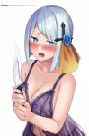  1girl aqua_hair aroused artist_name black_panties blue_eyes blue_flower blue_nails blue_rose blush bob_cut breasts cleavage copyright_name cross_hair_ornament dress floral_print flower hair_flower hair_ornament heart heart-shaped_pupils highres hiiragi_seraphy holding holding_knife honey_trap_shared_house knife kouzuki_kouichi lace-trimmed_dress lace_trim medium_breasts nose_blush official_art open_mouth panties pink_lips raised_inner_eyebrows rose rose_print see-through_clothes see-through_dress simple_background sleeveless sleeveless_dress solo sweat symbol-shaped_pupils third-party_source underwear variant_set white_background 