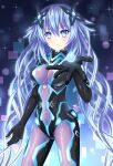  black_bodysuit blue_eyes blush bodysuit breasts commentary diamondtierart english_commentary hair_ornament hairclip large_breasts looking_at_viewer neptune_(neptunia) neptune_(series) next_purple power_symbol power_symbol-shaped_pupils purple_hair purple_heart_(neptunia) reaching reaching_towards_viewer shiny_clothes smile symbol-shaped_pupils 
