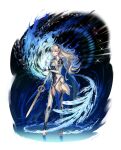  1girl amao_miyuki armor armored_leotard barefoot black_hairband blue_cape breasts cape dragonstone english_commentary female_corrin_(fire_emblem) fire_emblem fire_emblem_fates floating_cape floating_hair full_body gloves grey_hair hair_between_eyes hair_ornament hairband highres holding holding_sword holding_weapon leotard long_hair looking_at_viewer pointy_ears red_eyes solo sword thighs too_many_watermarks water watermark weapon white_hair yato_(fire_emblem) 