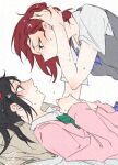 2girls adversarial_noise black_hair blue_bow blue_bowtie blush bow bowtie closed_mouth collared_shirt commentary eye_contact face-to-face green_bow green_bowtie grey_sweater_vest hashtag-only_commentary highres looking_at_another love_live! love_live!_school_idol_project medium_hair multiple_girls nishikino_maki otonokizaka_school_uniform pink_sweater purple_eyes red_eyes red_hair school_uniform shirt simple_background surfacedxxc sweat sweater sweater_vest twintails white_background white_shirt yazawa_nico yuri 