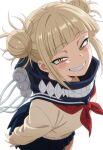  1girl absurdres ai-generated arms_behind_back blonde_hair blue_sailor_collar blunt_bangs blush boku_no_hero_academia cardigan double_bun fangs hair_bun highres kawaaniiiii long_sleeves looking_at_viewer looking_up messy_hair narrowed_eyes neckerchief red_neckerchief sailor_collar school_uniform serafuku short_hair sidelocks skirt smile solo teeth toga_himiko u.a._school_uniform white_background yellow_cardigan yellow_eyes 