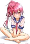  1girl barefoot blue_sailor_collar commentary_request dated hair_ribbon i-168_(kancolle) indian_style kantai_collection long_hair looking_at_viewer neckerchief no_pants one-hour_drawing_challenge ponytail ray.s red_eyes red_hair red_neckerchief ribbon sailor_collar sailor_shirt school_uniform see-through_clothes serafuku shirt simple_background sitting solo twitter_username v_arms wet wet_clothes white_background 