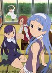  3girls aoba_tsugumi blue_hair brown_hair everyone kannagi living_room mikuriya_jin multiple_girls nagi official_art pillow purple_eyes purple_hair red_hair uniform zange 