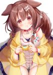  1girl absurdres animal_ears blush bone_hair_ornament braid collarbone controller dog_ears dog_girl dog_tail game_controller hair_ornament hajime_yo highres holding holding_controller holding_game_controller hololive inugami_korone pout shirt solo tail twin_braids virtual_youtuber white_shirt 