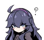  1girl ? @_@ absurdres black_hair blue_eyes blush_stickers cowl deburi276 grey_background hair_between_eyes hairband hex_maniac_(pokemon) highres long_hair looking_at_viewer pokemon pokemon_xy puckered_lips purple_hairband simple_background solo upper_body 