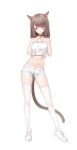  1girl absurdres animal_ears bare_arms bare_shoulders bell breasts brown_hair cat_ears cat_girl cat_tail choker closed_mouth collarbone commentary commission contrapposto crop_top crop_top_overhang english_commentary facial_mark final_fantasy final_fantasy_xiv full_body hands_up highres index_fingers_together jingle_bell keibeam long_hair looking_at_viewer medium_breasts midriff miqo&#039;te multicolored_hair navel original pixiv_commission red_choker red_eyes shirt shoes short_shorts shorts simple_background skindentation sleeveless sleeveless_shirt slit_pupils smile sneakers solo standing stomach streaked_hair tail tank_top thighhighs thighs warrior_of_light_(ff14) white_background white_shirt white_shoes white_shorts white_thighhighs 