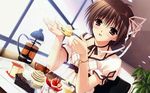  brown_eyes brown_hair daiba_minato dress food hair_ribbon highres marriage_royale ribbon scan short_hair solo suzuhira_hiro wallpaper 