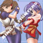  asamiya_athena bike_shorts blush braid brown_eyes brown_hair dougi gloves hair_ornament hairband headband long_hair multiple_girls one_eye_closed pose purple_eyes purple_hair red_hairband ryuuko_no_ken sash shorts single_braid spandex standing star star_hair_ornament the_king_of_fighters the_king_of_fighters_'98 tonpuu very_long_hair yuri_sakazaki 