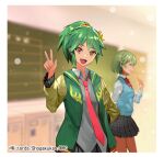  2girls black_skirt blue_vest blurry blurry_background chalkboard chifuin_gyai classroom closed_eyes copyright_notice dragon_musume_ni_naritakunai! duel_masters fang from_side green_hair green_jacket hair_ornament hairclip high_ponytail ichimaru_kisuke indoors jacket locker long_sleeves looking_at_viewer multiple_girls nagareboshi_asche necktie official_art open_clothes open_jacket open_mouth orange_eyes outline plaid_clothes plaid_skirt pointing pointing_up ponytail print_jacket red_eyes red_necktie red_ribbon ribbon shirt skirt v vest white_outline white_shirt yellow_eyes 