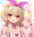  1girl :d bandana bare_shoulders bead_necklace beads blonde_hair blush border bow bracelet braid brown_eyes camisole candy_hair_ornament commentary flower_straps food-themed_hair_ornament futaba_anzu hair_between_eyes hair_bow hair_ornament heart heart_necklace highres huwarinn99 idolmaster idolmaster_cinderella_girls jewelry looking_at_viewer necklace off-shoulder_shirt off_shoulder orange_bow outside_border parted_lips pink_background pink_bandana portrait shirt short_sleeves smile solo star-shaped_pupils star_(symbol) symbol-shaped_pupils twin_braids twintails v white_border white_shirt 
