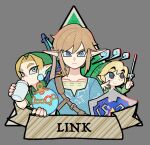  3boys blonde_hair blue_eyes blue_tunic bomb character_name curtained_hair dancho_no_mori drinking earrings explosive fairy frown green_hat green_tunic hat holding holding_bomb holding_jar holding_wand hylian_shield jar jewelry link long_pointy_ears looking_at_viewer low_ponytail male_focus master_sword milk multiple_boys multiple_persona navi parted_bangs phrygian_cap pointy_ears ponytail shield short_hair short_sleeves sidelocks smile sphere_earrings sword sword_on_back the_legend_of_zelda the_legend_of_zelda:_breath_of_the_wild the_legend_of_zelda:_ocarina_of_time the_legend_of_zelda:_the_wind_waker toon_link tunic wand weapon weapon_on_back young_link 
