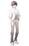  1boy arm_at_side blazer brown_eyes brown_hair cevio checkered_bracelet collared_shirt commentary_request converse dairi full_body grey_pants grey_shoes hand_on_own_hip highres jacket large_variant_set looking_at_viewer male_focus open_mouth pants shaded_face shirt shoes short_hair sleeves_rolled_up sneakers solo standing tachi-e takahashi_amato transparent_background variant_set white_jacket white_shirt wide-eyed wing_collar 