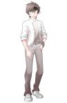  1boy arm_at_side blank_eyes blazer brown_hair cevio checkered_bracelet collared_shirt commentary_request converse dairi full_body grey_pants grey_shoes hand_on_own_hip highres jacket large_variant_set looking_at_viewer male_focus open_mouth pants shaded_face shirt shoes short_hair sleeves_rolled_up sneakers solo standing tachi-e takahashi_amato transparent_background v-shaped_eyes variant_set white_jacket white_shirt wing_collar 