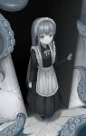  1girl absurdres apron black_dress black_shoes blue_eyes bow bowtie closed_mouth collared_dress commentary_request dress frilled_apron frills frown full_body grey_hair hair_intakes hand_on_wall highres indoors kkamkkam long_hair long_sleeves looking_at_viewer maid maid_headdress original shoes solo suction_cups tentacles very_long_hair white_apron white_bow white_bowtie 
