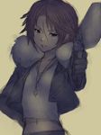  brown_hair facial_scar final_fantasy final_fantasy_viii flat_chest fumio_(rsqkr) genderswap genderswap_(mtf) gunblade jacket keychain left-handed nose_scar scar solo squall_leonhart weapon 