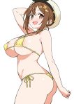  :d atelier_(series) atelier_ryza atelier_ryza_1 bikini breasts brown_eyes ecgg_(tsuji418477) hat highres large_breasts reisalin_stout short_hair simple_background smile swimsuit white_background white_hat yellow_bikini 
