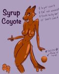 anthro big_breasts breasts canid canine canis coyote dripping ears_back female finger_gun food food_creature gesture goo_creature hand_gesture hi_res mammal maple_syrup model_sheet navel nipples nude orange_body pivoted_ears puffy_nipples shy signature simple_background slime solo syrup_(syrupcoyote) syrupcoyote tasteful_nudity text yellow_eyes