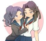  ayabe_kihachirou bad_id bad_pixiv_id brown_eyes brown_hair cardigan crossdressing dadami hair_flaps male_focus multiple_boys otoko_no_ko ponytail purple_eyes purple_hair rakudai_ninja_rantarou school_uniform serafuku tairano_takiyashamaru 